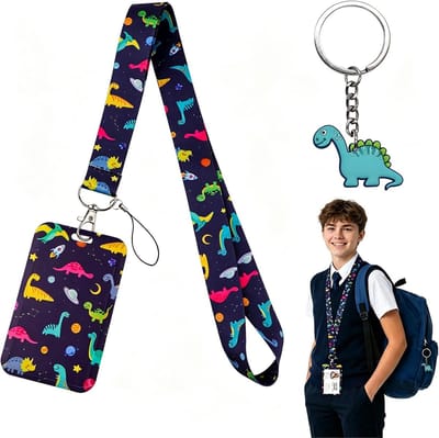 SnelShoppen - ID Kaarthouder met Schattige Dinosaurus Lanyard - Plastic ID Kaarthouder voor School, Bus en Meer - Comfortabele Ergonomische Band - Din