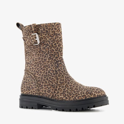 Groot leren meisjes boots met luipaardrint - Zwart - Maat 30