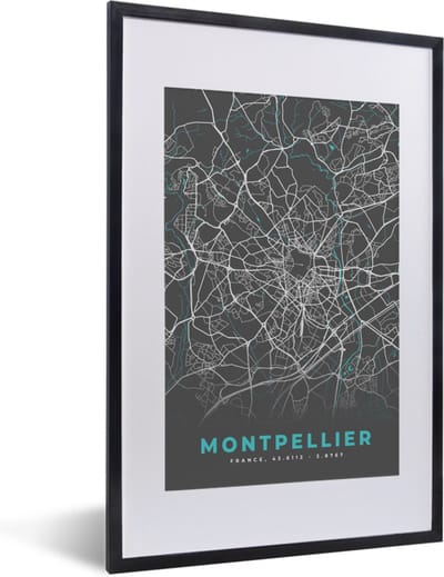 Fotolijst incl. Poster - Montpellier - Frankrijk - Stadskaart - Kaart - Plattegrond - 40x60 cm - Posterlijst