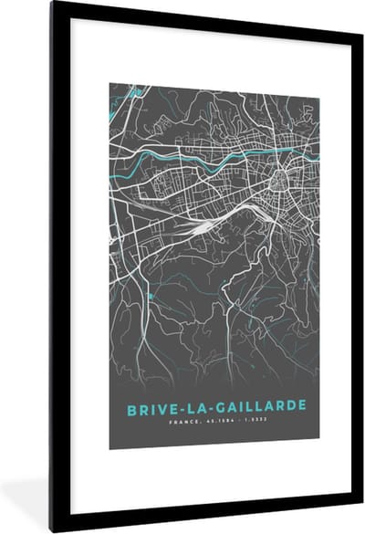 Fotolijst incl. Poster - Brive-la-Gaillarde - Frankrijk - Stadskaart - Plattegrond - Kaart - 80x120 cm - Posterlijst