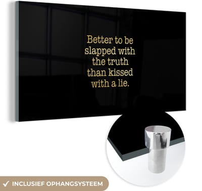 MuchoWow® Glasschilderij 40x20 cm - Schilderij acrylglas - Quotes - Waarheid - Goud - Zwart - Foto op glas - Schilderijen