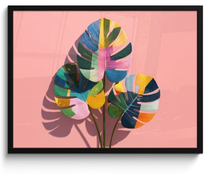 Poster in lijst - Fotolijst 80x60 cm - Posters - Bladeren - Geschilderd - Vlakken - Kleurrijk - Posterlijst zwart - Decoratie - Wanddecoratie woonkamer - Muurdecoratie slaapkamer