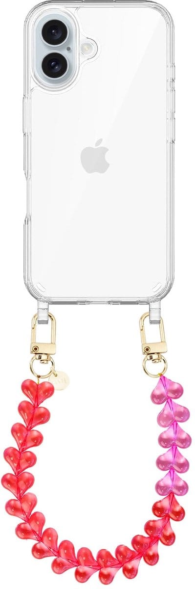 xoxo Wildhearts siliconen hoesje geschikt voor iPhone 17 hoesje - Funky Hearts - Telefoonhoesje - Hoesje met koord - Transparant Roze met Rood koord - kort telefoonkoord - Hartjes ketting - Transparant hoesje