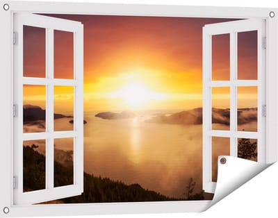 Gards Tuinposter Doorkijk Zonsondergang in de Bergen met Wolken - 90x60 cm - Tuindoek - Tuindecoratie - Wanddecoratie buiten - Tuinschilderij