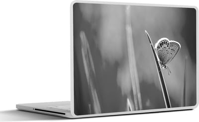 Laptop sticker - 13.3 inch - Vlinder op grasspriet - zwart wit - 31x22,5cm - Laptopstickers - Laptop skin - Cover