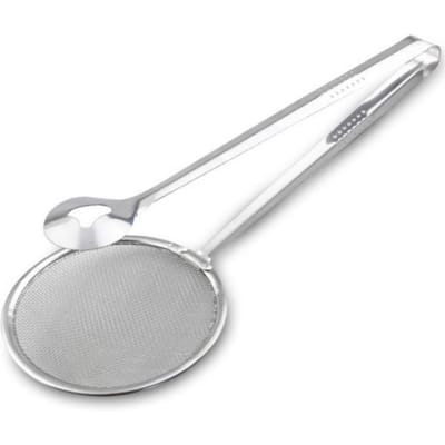 Roestvrijstalen gefrituurde voedselvisolieschep, multifunctionele filterlepel met clip Voedselkeuken Olie-frituur BBQ-filter white