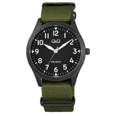 Q&Q-herenhorloge-nato band-nylon band-zwart-legergroen-5 atm waterdicht-duidelijke wijzerplaat-diameter 39 mm