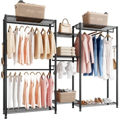 VEVOR Kledingrek (verstelbaar) met 4 kledingstangen en een draagvermogen van 385,5 kg en 7 planken en 8 haken, open kledingkast voor slaapkamer, kledingwinkel, garderobe, hal