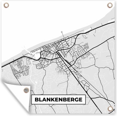 Tuin poster Kaart – Plattegrond – Stadskaart – Blankenberge – België – Zwart Wit - 200x200 cm - Tuindoek