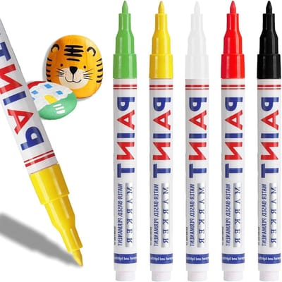 5 Kleurige Permanente Markers voor Steen, Glas, Plastic en Hout - Watervaste 3 mm Stiften in Zwart, Wit, Geel, Groen en Rood