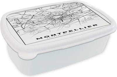 Broodtrommel Wit - Lunchbox - Brooddoos - Stadskaart - Montpellier - Plattegrond - Kaart - Frankrijk - Zwart wit - 18x12x6 cm - Volwassenen