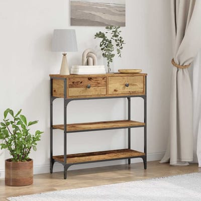 vidaXL - Wandtafel - met - lade - Oudhout - 72,5 - x - 25 - x - 75 - cm - Bewerkt - hout