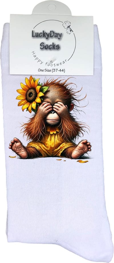 Aapje - Opkikker - Grappige sokken - Valentijn cadeau - Verjaardag cadeau - Sint cadeau - Leuke sokken - Vrolijke sokken - Chimpansee - Oogjes - Zonnebloem - Cadeautje - Grappig cadeau - Kerstcadeau - Vaderdag - Moederdag - Socks maken Happy - 37-44