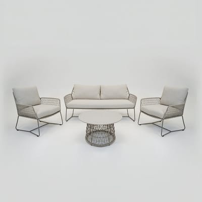 Vita - Bruzio Loungeset 4 delig - weersbestendig rope - met tafel - creme - met kussens - met slijtdoppen - aluminium gepoedercoat - Vita tuinmeubelen