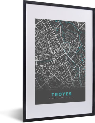 Fotolijst incl. Poster - Troyes - Frankrijk - Plattegrond - Stadskaart - Kaart - 40x60 cm - Posterlijst