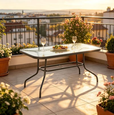 MIVRAY Tuintafel - Rechthoekige Eettafel Met Parasolgat Voor 8 Personen - Voor Tuin En Balkon - Metaal En Gehard Glas - Grijs - 120x80x70 Cm