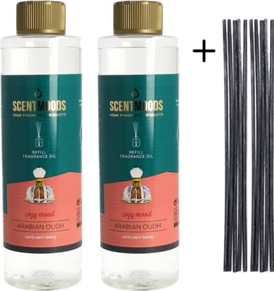 Scentmoods Geurstokjes Navulling Arabian Oudhout Set van 2 + 12 Geurstokjes - Geurverspreider - Luchtverfrisser - Huisparfum - 400ml x 2
