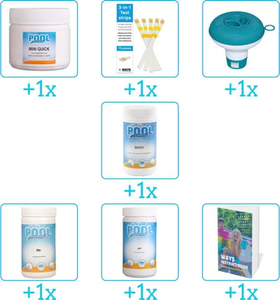 Zwembad Onderhoudspakket - Onderhoud Zwembad - bevat Chloor - Testrips - Chloordrijver - Chloor - PH-min - PH-plus en Zwembadgids (7-delig)