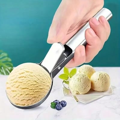 Cuillère à Glace en Acier Inoxydable, Cuillère à Glace Robuste avec Déclencheur, Cuillère à Glace Métallique pour Fruits, Sundaes, Sorbet L argenté