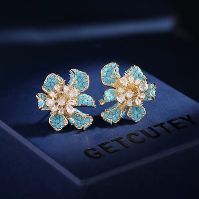 Dames Licht Luxe Ontwerp Elegante Driedimensionale Bloem Oorbellen Modieus En Veelzijdig Niche Ontwerp Oorbellen blue