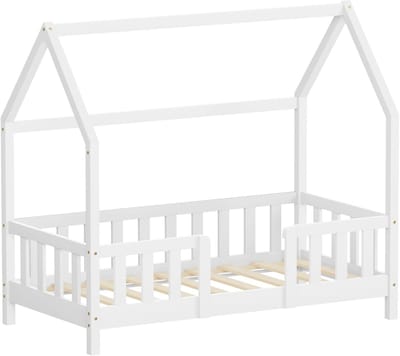 Kinderbed Huisbed 70x140 cm van grenenhout Wit met beschermdak en lattenbodem Houten bed ML-Design