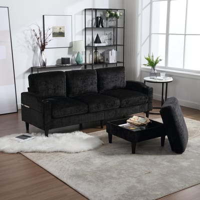 MODFU 4-Zitsbank - Met Hocker En Opbergruimte - Met Bekerhouders En Zijvakken - Modern - Chenille - Zwart - 196,5 x 75 x 77 cm