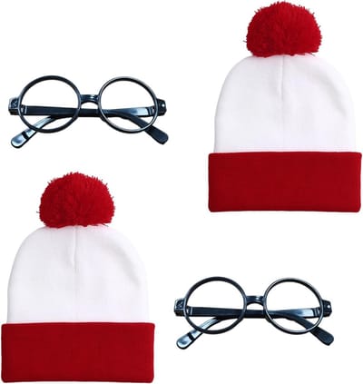 Luxe gebreide mutsen in rood en wit met pompon, grappige nerdbril voor volwassenen, perfect voor cosplay, themafeesten en Halloween