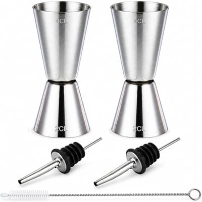 2er Set Jigger 2cl/4cl – RVS Barmeter & Cocktailmaatbeker, Dubbelzijdig voor Precieze Meting, Roestvrij, Vaatwasmachinebestendig, met Schenktuit & Borstel, Bar Accessoire voor Thuis, Keuken & Profi