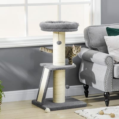 Wishdor - Krabpaal - Met Platform En Speelballetjes - Voor Binnen - Polyester En Sisal - Donkergrijs - 48 x 48 x 92 Cm