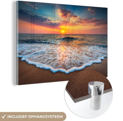 MuchoWow® Glasschilderij 120x80 cm - Schilderij acrylglas - Strand - Zee - Zonsondergang - Foto op glas - Muurdecoratie woonkamer - Wanddecoratie slaapkamer - Schilderijen