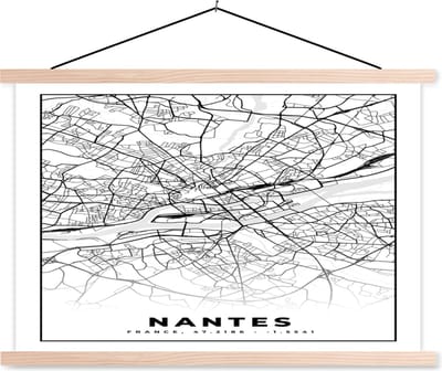 Posterhanger incl. Poster 90x60 cm - Schoolplaat - Stadskaart - Plattegrond - Nantes - Kaart - Frankrijk - Zwart wit - Textielposter - Blanke latten - Stadskaart