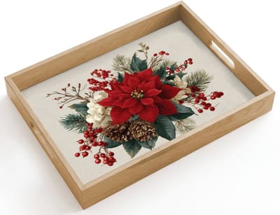 Dienblad hout 40x30 cm - Schootdienblad - Kerststuk - Poinsettia - Dennenappels - Rood - Borrelplank rechthoek - Plateau dienbladen