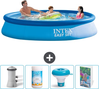 Intex Rond Opblaasbaar Easy Set Zwembad - 366 x 76 cm - Blauw - Inclusief Pomp Chloor - Chloordrijver - Zwembadgids