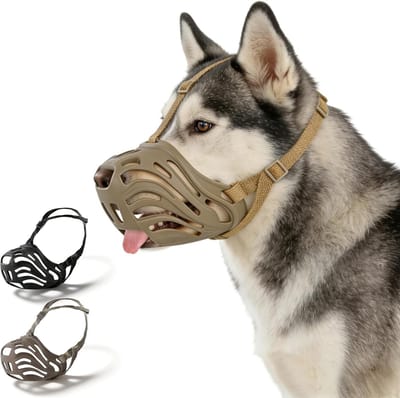 Muilkorf voor honden – duurzaam en ademend siliconenmateriaal – bestand tegen bijten en blaffen – laat vrije toegang tot water toe – verstelbare riem – geschikt voor middelgrote tot grote honden (koffiebruin, maat 4 – geschikt voor 5-7,5 kg)