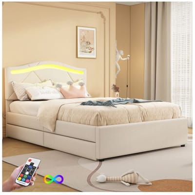 Gestoffeerd bed - MUVOE - 90x200 cm - Beige - LED-verlichting met afstandsbediening - 2 opberglades beige