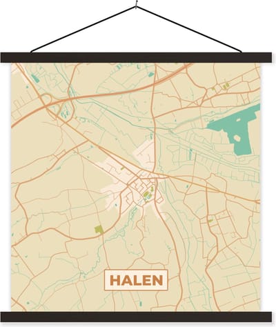 Posterhanger incl. Poster 60x60 cm - Schoolplaat - Halen - Vintage - Kaart - Stadskaart - Plattegrond - Textielposter - Zwarte latten - Stadskaart