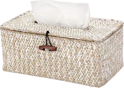 Decoratieve Wicker Tissue Box van Zeegras - Organiser voor Keuken, Badkamer en Kantoor, Witgewassen Design