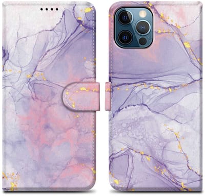 Cadorabo Hoesje geschikt voor Apple iPhone 12 / 12 PRO - Design Roze Paars Marmer No. 5 - Beschermhoes Case Cover met magnetische sluiting, standaardfunctie en kaartvakje