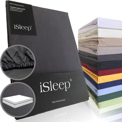 iSleep Perkal Topper Hoeslaken - 100% Perkal Katoen - Rondom Elastiek - Tweepersoons - 160x200 cm - Antraciet