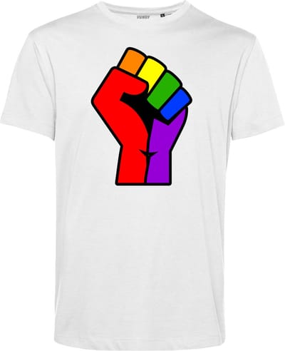 T-shirt Regenboog Vuist | Gay pride shirt kleding | Regenboog kleuren | LGBTQ | Wit | maat XS