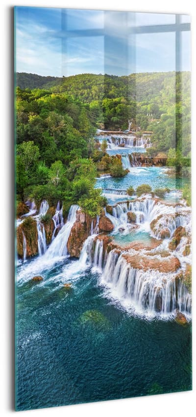 Wallfluent Glasschilderij - Watervallen en de rivier Krka, Kroatië Glas Schilderij - 50x100 cm - Groente Verticale Muurschildering - Landschap Foto Op Glas - Glas Foto - Foto In Glas