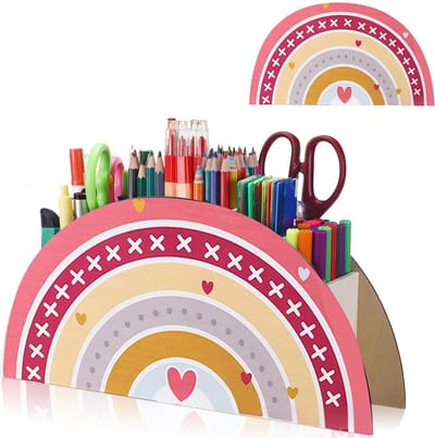 Cosensi- Pennenhouder Regenboog - Bureau Organizer - Houten Desk Organizer - 5 Slots - Veilig en Duurzaam - Kindvriendelijk Design - Bureauorganizer