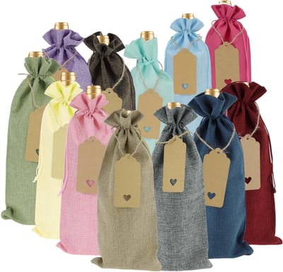 Linnen wijnzakken set van 12 stuks, herbruikbare cadeauzakjes voor wijnflessen, perfect voor bruiloften, feesten en Kerstmis, met trekkoord en etiketten