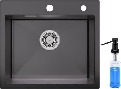SOFETIY MAX Spoelbak voor keuken 50 x 45 cm - Spoelbak Met Zeepdispenser(300ML) - Spoelbak Keuken Antraciet - Wasbak Keuken met waterafvoersysteem - Keukenwasbak voor Inbouw- of Bovenmontage