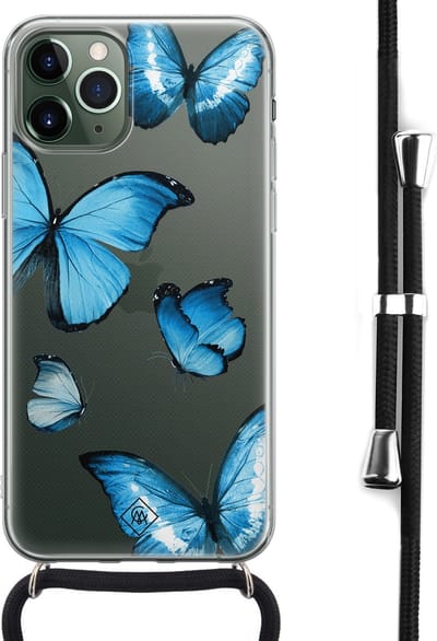 Casimoda® hoesje met koord - Geschikt voor iPhone 11 Pro - Blauwe Vlinders - Afneembaar koord - Siliconen/TPU - Blauw