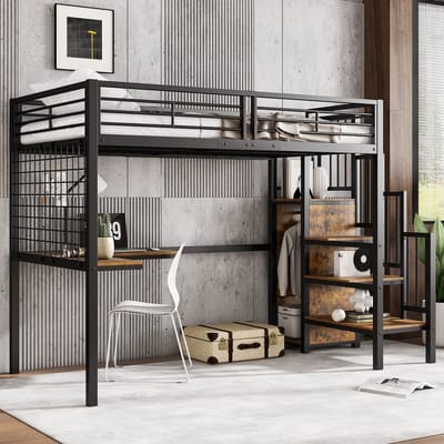 DESMIU Hoogslaper 90x200 cm Zonder matras Met Bureau En Kledingkast Voor Kinderen En Jongeren Van MDF En Metaal Zwart Donkerhout