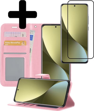 Hoesje - Met Screenprotector - Geschikt voor Xiaomi 12 - Luxe Pasjeshouder - Bookcase Portemonee - Flip Case - Kunstleer Book Case - Flipcase - Book Cover - Walletcase - Portemonneehoes - Telefoonhoesjes - Lichtroze