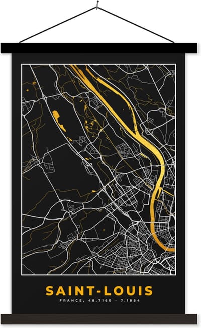 Posterhanger incl. Poster 40x60 cm - Schoolplaat - Stadskaart - Frankrijk - Plattegrond - kaart - Saint-Louis - Textielposter - Zwarte latten - Stadskaart