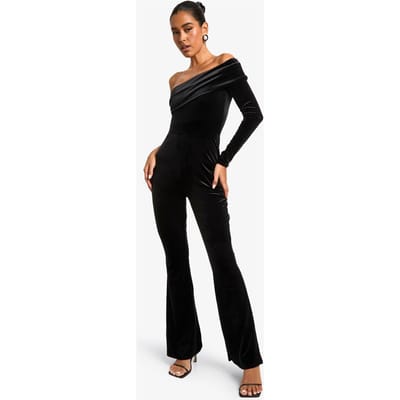boohoo Dames Fluwelen Bardot Asymmetrische Jumpsuit | Zwart | Maat: 40