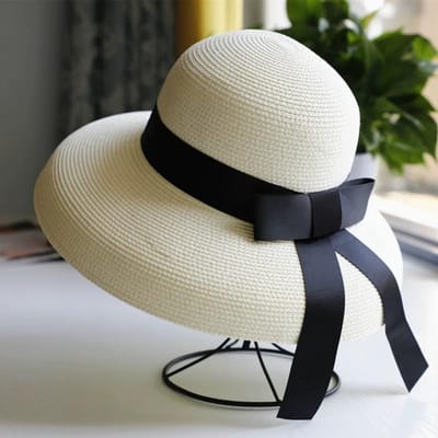 Chapeau de Paille Respirant Élégant à Large Bord Protection UV Chapeau Pare-Soleil Ruban Noir Chapeau de Soleil Femme gray